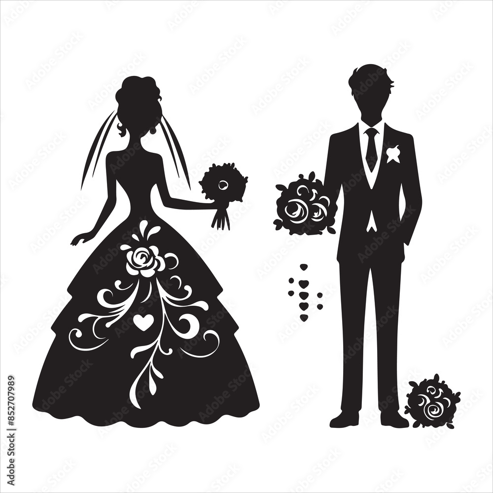 Print bride & groom, unique floral half moon love black vector silhouette bride groom unique design icons bundle silhouette vector image with withe backgrounds Print bride & groom, unique floral half moon love black vector silhouette bride groom unique design icons bundle silhouette vector image with withe backgrounds