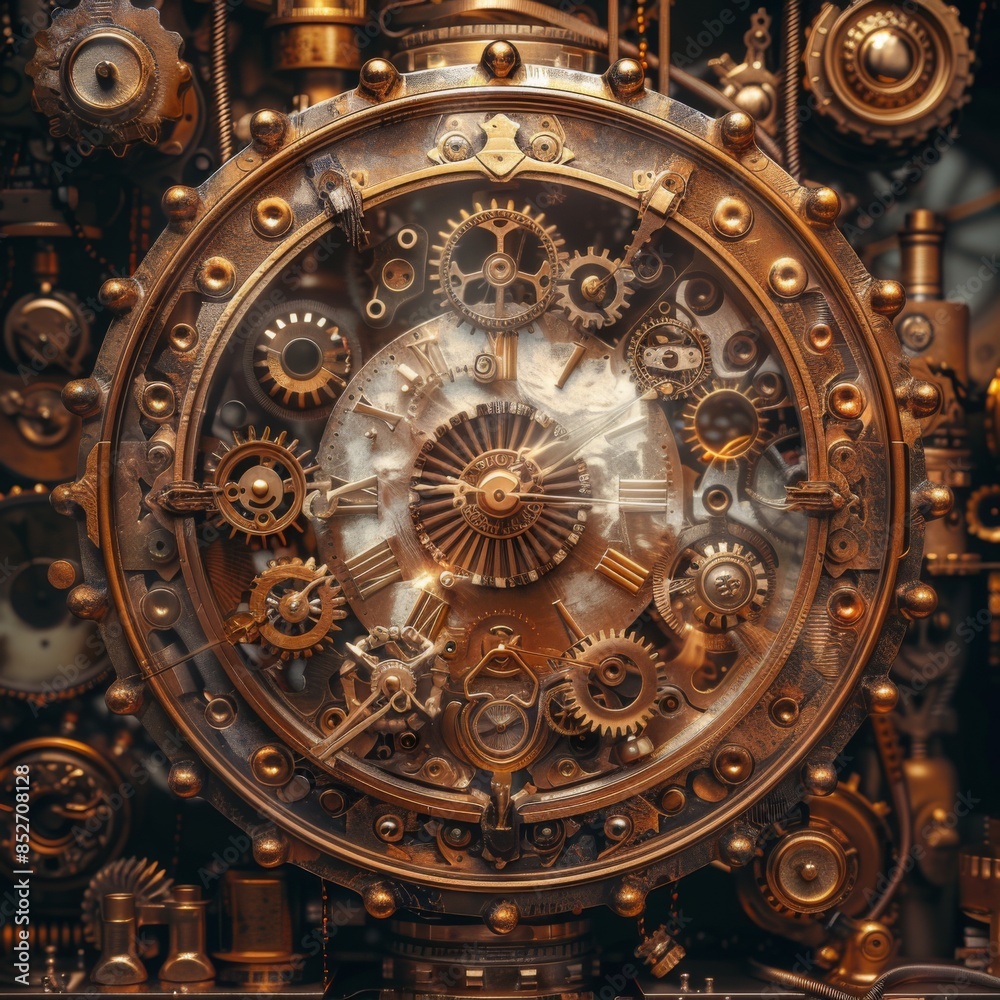 Steampunk-themed digditon panner with brass gears and vintage tools, Steampunk, Sepia tones, Digital art, Mechanical and intricate.