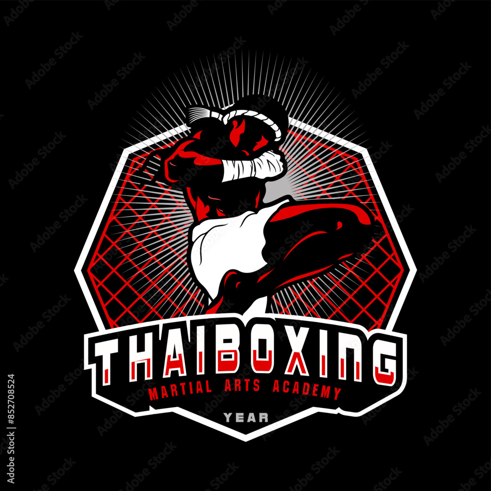 Masculine, Simple, Clean Black Red And White Colored Thai Boxing Martial Art School Mascot Logo Emblem Vector Illustration Masculine, Simple, Clean Black Red And White Colored Thai Boxing Martial Art School Mascot Logo Emblem Vector Illustration