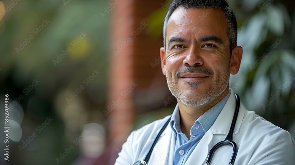 Smiling Professional Male Doctor in White Coat Against Minimalist White Background, Reflecting Confidence, Expertise, and Approachability in Healthcare Setting Smiling Professional Male Doctor in White Coat Against Minimalist White Background, Reflecting Confidence, Expertise, and Approachability in Healthcare Setting