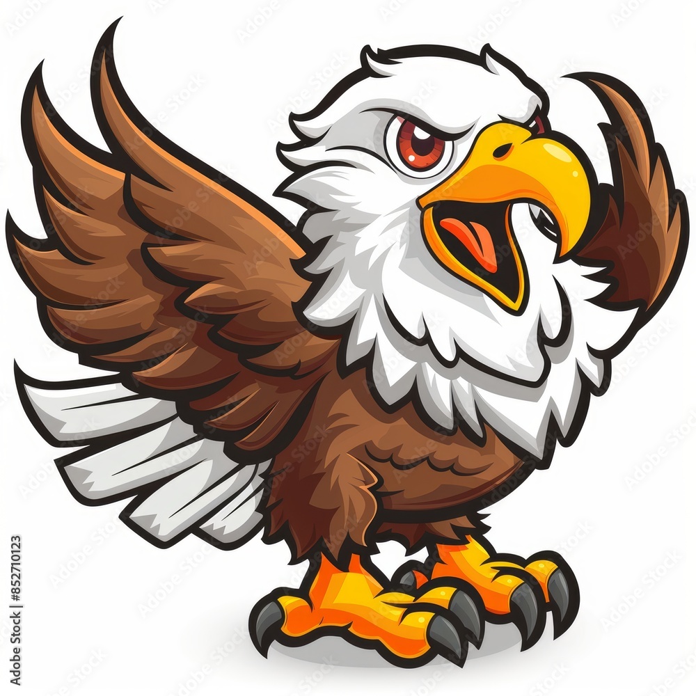 Fototapeta premium Positive and happy cartoon eagle mascot, illustration of a cheerful character