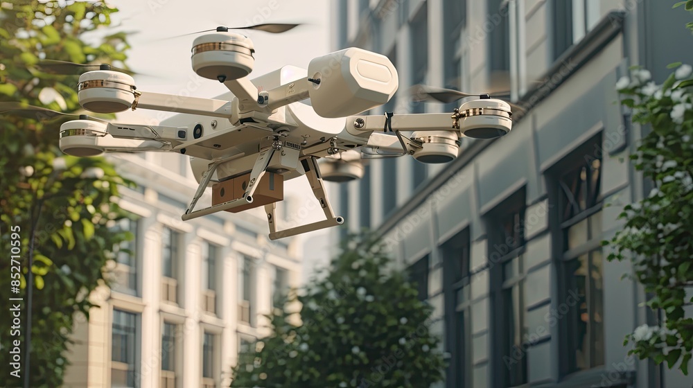 A white drone is flying over a city street