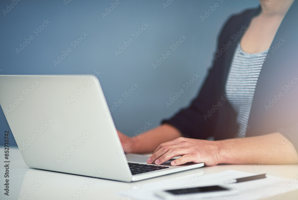 Office, computer and hands of business worker at desk working on online project, planning and typing email. Corporate, administration and person on laptop for internet, website review and research Office, computer and hands of business worker at desk working on online project, planning and typing email. Corporate, administration and person on laptop for internet, website review and research