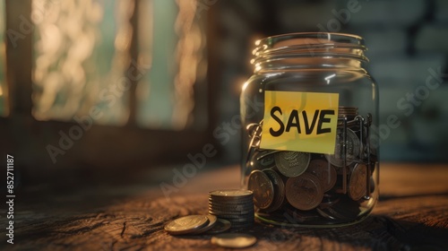 The savings jar with coins photo