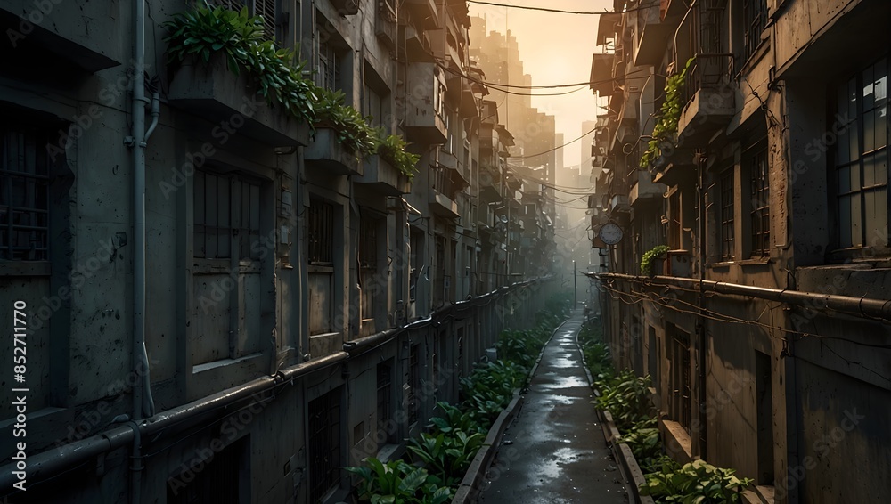 The labyrinthine streets weaving through a concrete jungle at dawn ai_generated The labyrinthine streets weaving through a concrete jungle at dawn ai_generated