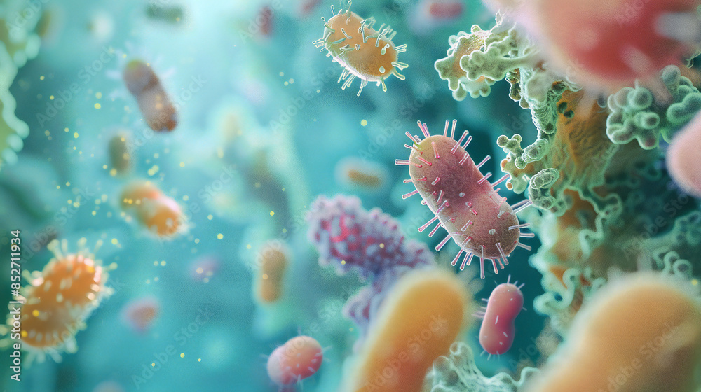Microscope macro view of a virus, bacteria and cells of an biological organism, close up Microscope macro view of a virus, bacteria and cells of an biological organism, close up