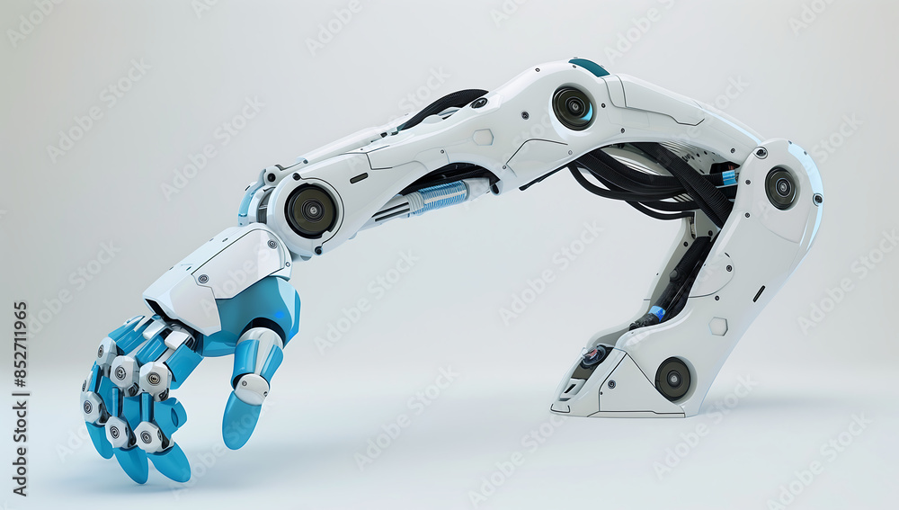 White and blue robotic arm on a white background White and blue robotic arm on a white background