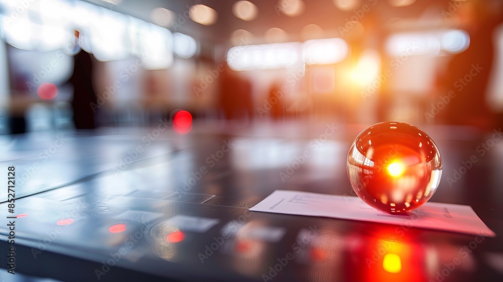 Fototapeta premium A reflective orb glows with red light on a table in a dimly lit room, creating a futuristic and highly dynamic atmosphere.