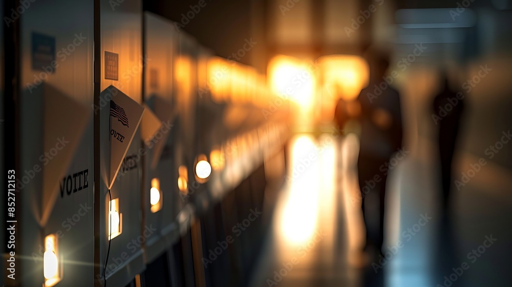 Fototapeta premium A row of illuminated lockers in a dimly lit corridor during sunset, with a silhouette of a person in the background.