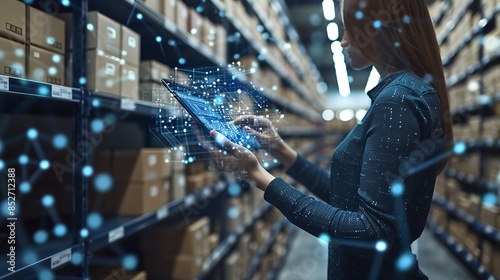 A woman uses a tablet in a warehouse with an automated inventory management system