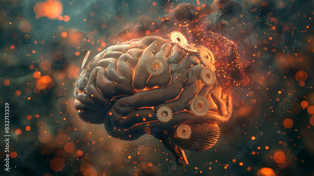 The Alchemy of Thought: A 3D Brain with Gears Represents the Transformation of Ideas, Generative AI