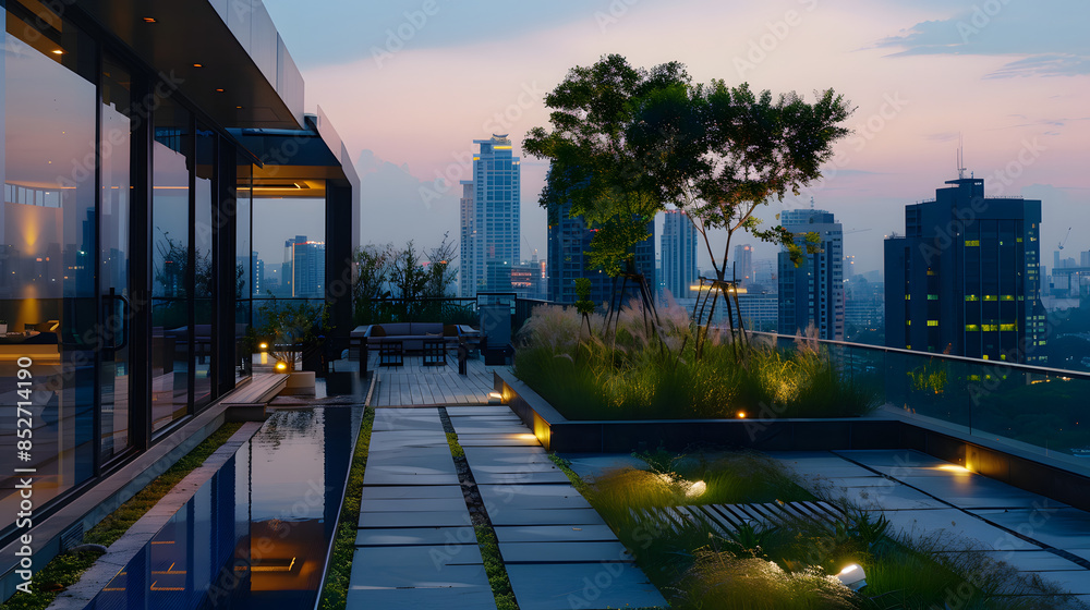 Fototapeta premium A Zen-inspired rooftop garden overlooking the city a peaceful retreat amidst urban chaos.
