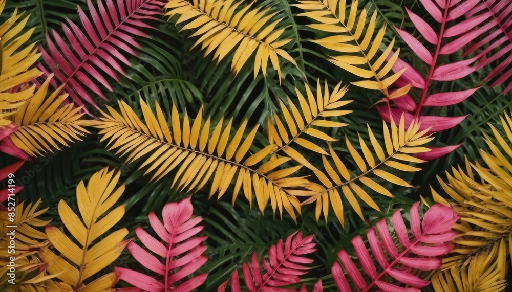 An artistic arrangement of yellow and pink leaves amidst green foliage, capturing the essence of tropical vibrancy and natural beauty An artistic arrangement of yellow and pink leaves amidst green foliage, capturing the essence of tropical vibrancy and natural beauty