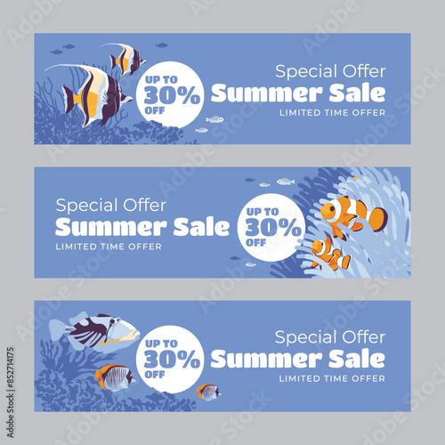 Set of three horizontal banners. Summer season discount advertising. Underwater animals from the coral reef. Diving. Vector illustration