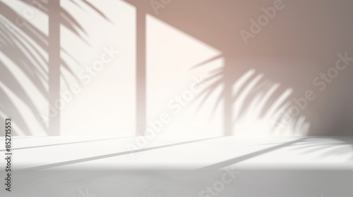 Blurred shadow from leaves on the light pink wall. Minimal abstract background for product presentation. Spring and summer.