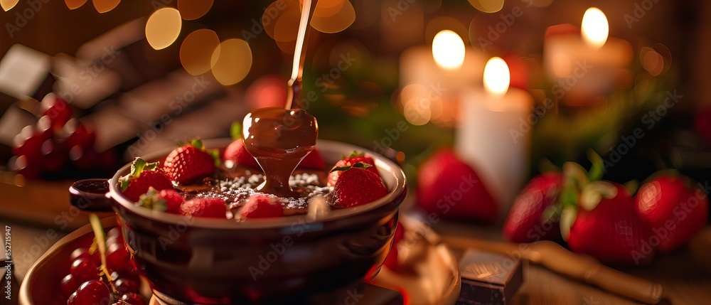 Close up of a chocolate fondant with fresh fruits Close up of a chocolate fondant with fresh fruits