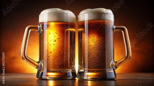 Two frosted mugs overflowing with golden beer, tilted towards each other in a celebratory toast, set against a dark background with subtle wood textures. photo