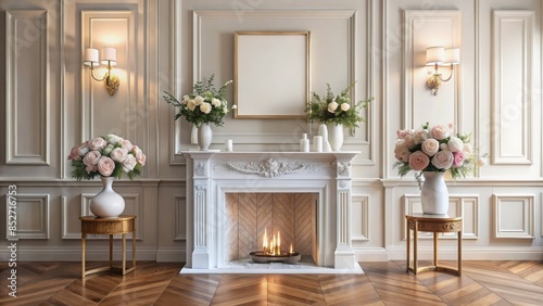 Elegant empty white wooden picture frame adorns a luxurious interior with a crackling fireplace, white panel walls, and ornate vases amidst a parisian-inspired ambiance. © Wanlop