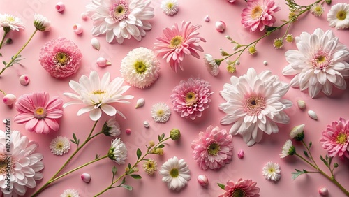Delicate arrangement of white and pink flowers including daisies, chrysanthemums, and cherry blossoms on a soft pastel pink background, providing ample copy space.