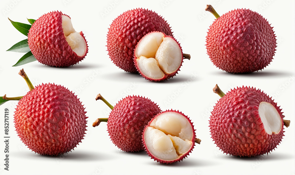 Lychee litchi lichee fruit, many angles and view side top front group peel halved isolated on white background cutout. Mockup template for artwork graphic design Lychee litchi lichee fruit, many angles and view side top front group peel halved isolated on white background cutout. Mockup template for artwork graphic design