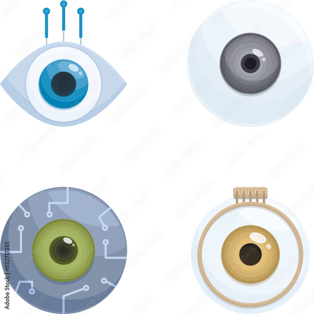 Detailed collection of stylized eye and camera lens icons, perfect for tech and surveillance concepts Detailed collection of stylized eye and camera lens icons, perfect for tech and surveillance concepts