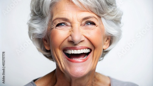 Lovely senior woman with grey hair and sparkling clean teeth laughs joyfully, isolated on a white background, radiating warmth and perfect oral health, ideal for dental ads. photo