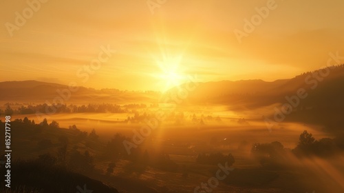 A breathtaking sunrise over a misty valley, with soft golden light illuminating the landscape.