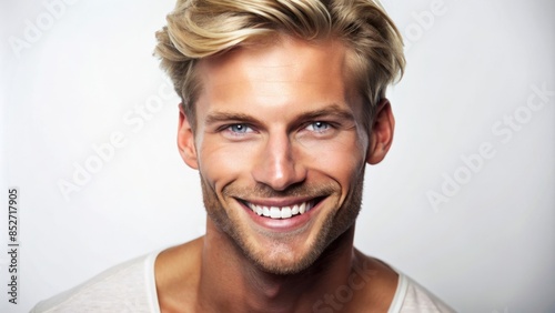 Attractive scandinavian male model with chiseled jawline, stylish blonde hair, and bright white teeth, smiling directly at the camera, isolated on a pure white background. photo