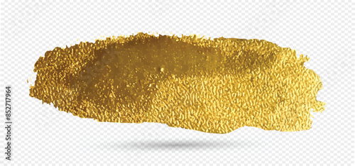 Gold paint strokes. Vector illustration. Golden paint brush stroke with foil texture. Hand drawing gold brush stroke paint spot design element. Acrylic golden color stain on white background. 