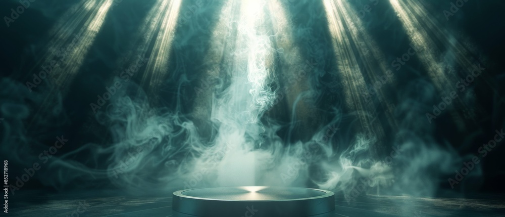 custom made wallpaper toronto digitalMysterious podium emerges darkness, swirling smoke, focused spotlights