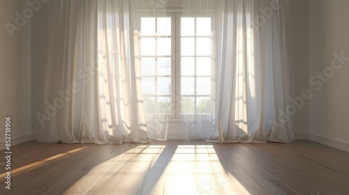 A room with a large window and white curtains