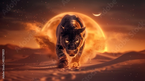 Intense black panther, melting form, claws poised to strike, eyes glowing in the dark, emerging from a mysterious ancient desert under the night sky