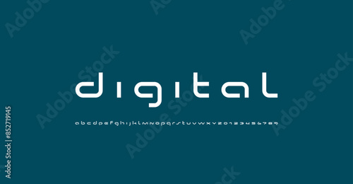 Technical wide future font, digital cyber alphabet