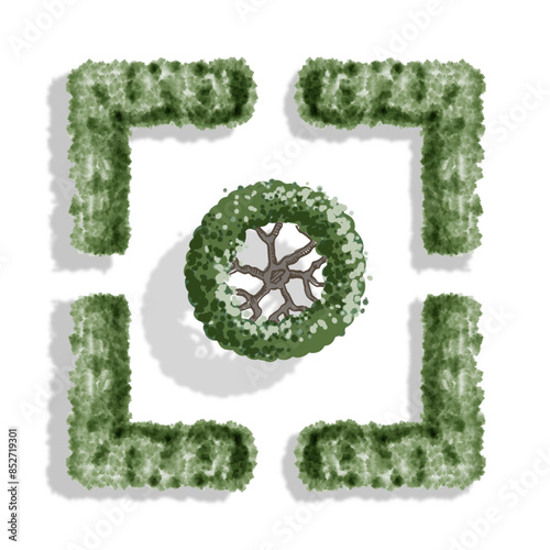 Sketch trimmed green hedge of bushes, tapeworm tree in the center. Modern. Topiary art. Pictograms for landscape design master plans in sketch style with shadow. Isolated on white background. Vector.
