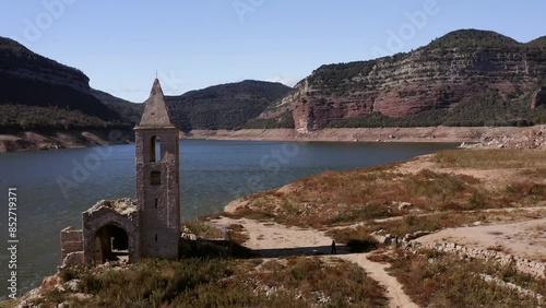 Panorama the Sau Reservoir with Sant Romà de Sau in the Ter River, in the Province of Girona, Catalonia, Spain