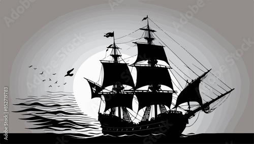 Spooky pirate ship silhouette vector