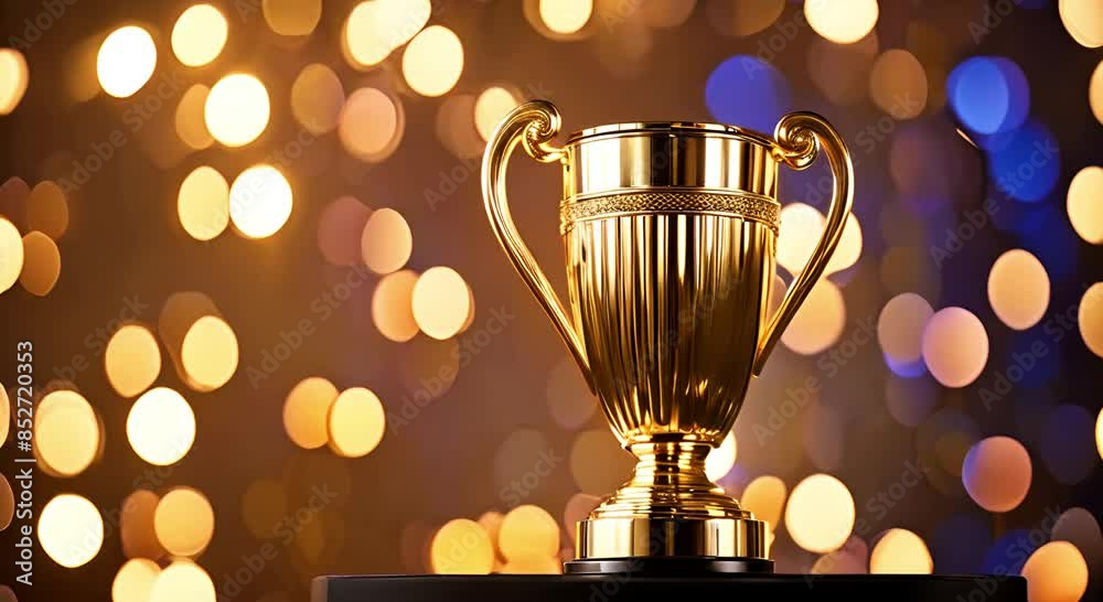 Golden trophy on dark background with festive lights and free space for text. Luxurious golden cup trophy, symbol of top achievement, competition, victory, win. Elegant award trophy with bokeh lights Golden trophy on dark background with festive lights and free space for text. Luxurious golden cup trophy, symbol of top achievement, competition, victory, win. Elegant award trophy with bokeh lights
