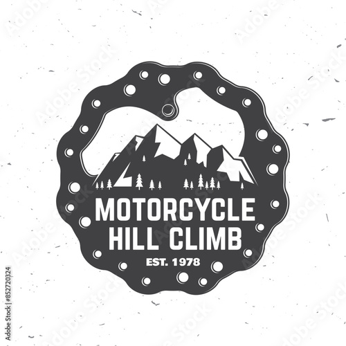 Motorcycle hill climb logo, badge, sticker. Vector illustration. Extreme sport with brake disc in mountains. Monochrome style brake disc with mountains