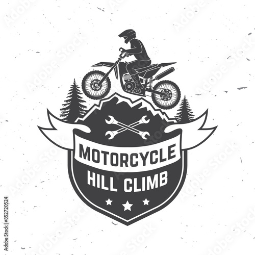 Motorcycle hill climb logo, badge, sticker. Vector illustration. Extreme sport with motorbike for extreme jump and race in mountains. Monochrome style man riding in helmet on a motorcycle