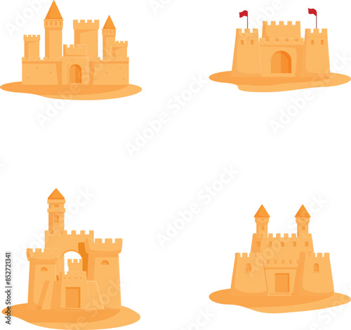 Delightful and colorful collection of cartoon sandcastles in various shapes and designs, perfect for summer beach vacation illustrations and playful children's activities by the seaside