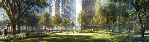 Envision an expanse of verdant green lawn harmonizing with the towering skyscrapers of a bustling © Mark