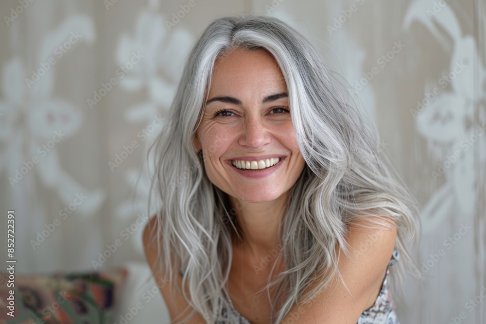 Radiant Smiling Woman with Silver Grey Hair in a Relaxed, Casual Setting – Perfect for Lifestyle, Wellness, or Skincare Ads Radiant Smiling Woman with Silver Grey Hair in a Relaxed, Casual Setting – Perfect for Lifestyle, Wellness, or Skincare Ads