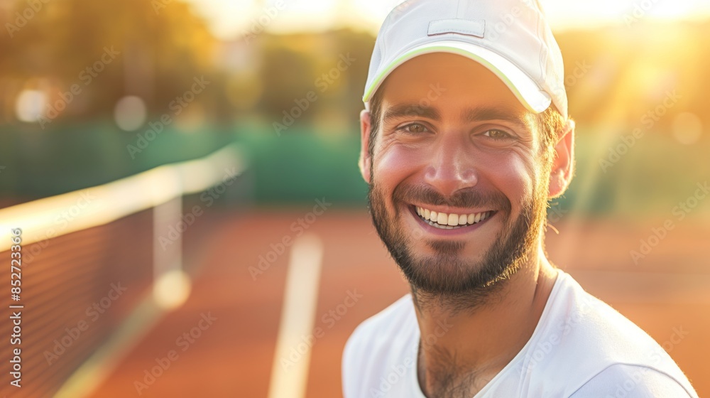 Tennis player with a hat, smiling on the court, enjoying a sunny day outdoors. Tennis player with a hat, smiling on the court, enjoying a sunny day outdoors.