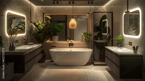 A modern luxury bathroom featuring a hanging lamp above a freestanding bathtub, a large mirror with rope lights, potted plants around the room, and a sleek double vanity with marble countertops,
