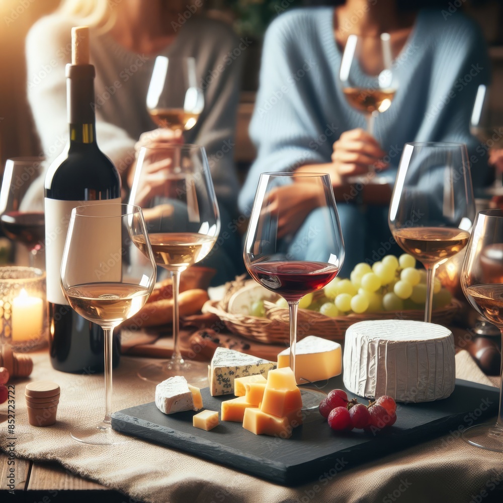 Elegant scene of friends enjoying wine and cheese at a cozy gathering, with a beautifully arranged table featuring various cheeses, grapes, and wine glasses, highlighting social connection and Elegant scene of friends enjoying wine and cheese at a cozy gathering, with a beautifully arranged table featuring various cheeses, grapes, and wine glasses, highlighting social connection and
