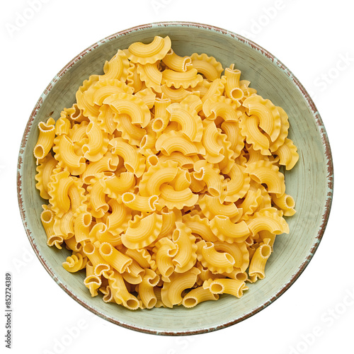 Dried macaroni cockerel scallops. Pasta in a ceramic bowl isolated on a white background.