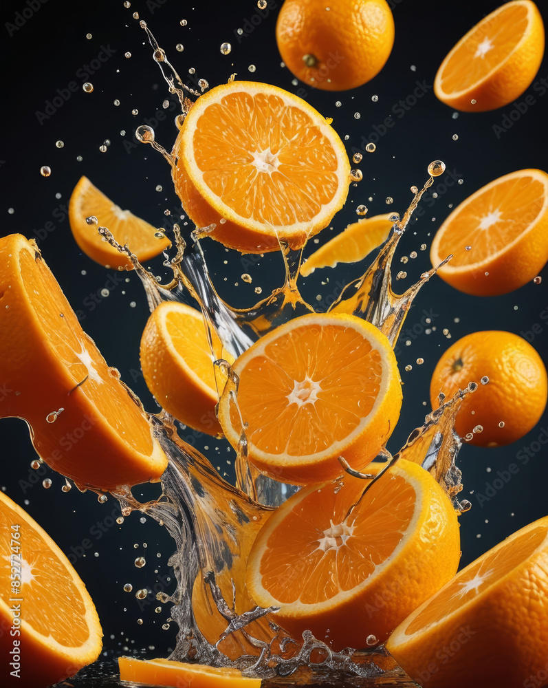 A dynamic illustration of orange slices splashing in vibrant juice, capturing freshness and energy against a dark background. Bright, colorful, and refreshing. A dynamic illustration of orange slices splashing in vibrant juice, capturing freshness and energy against a dark background. Bright, colorful, and refreshing.