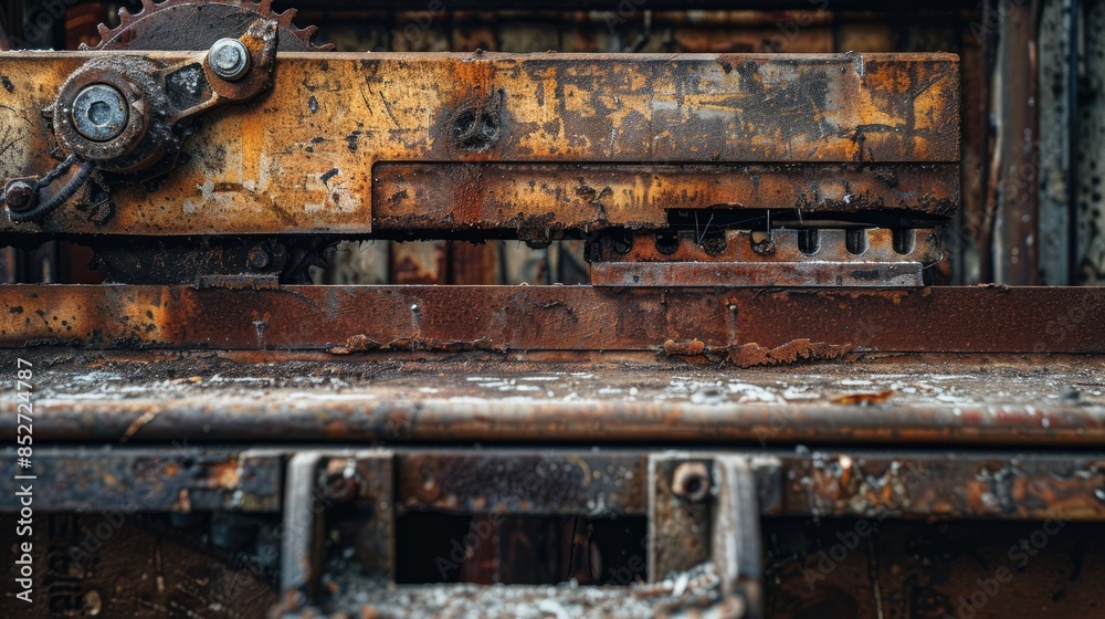 Old woodworking machine with rusty surfaces and large ancient blade encrusted with corrosion on a serrated ledge Plenty of blank space Old woodworking machine with rusty surfaces and large ancient blade encrusted with corrosion on a serrated ledge Plenty of blank space