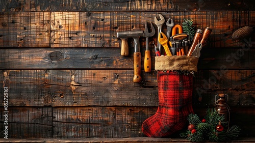 Christmas stocking filled with tools on a rustic wooden background