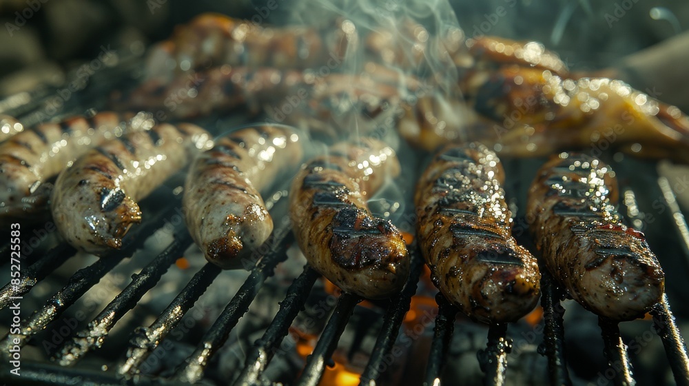 BBQ Grill: A close-up of a flavorful smoke as sausages and chicken wings cook, capturing the essence of a smoky BBQ session. 